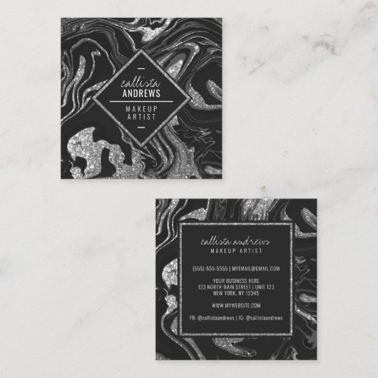 Modernes Schwarz-Grau-Silber-Glitzer-Marmor Makeup Quadratische Visitenkarte (Vorne/Hinten)