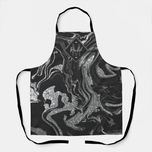 Modernes Schwarz-Grau-Silber-Glitzer-Marmormonogra Schürze (Vorderseite)