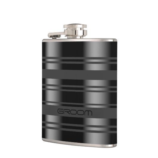 Modernes Schwarz-Grau-Streifen-Muster Flachmann (Links)