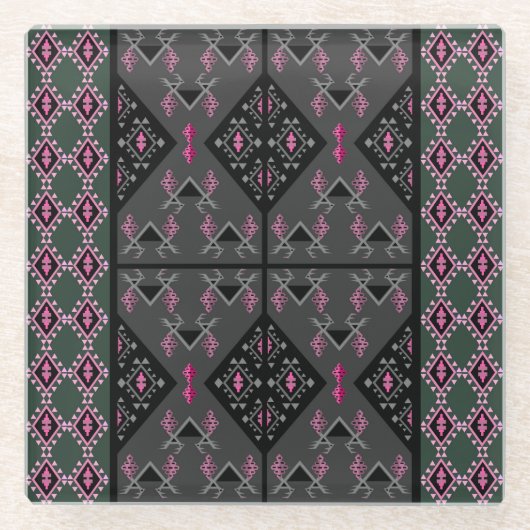 Modernes Schwarz, Grau und Kilim Pink Inspiriertes Glasuntersetzer (Vorderseite)