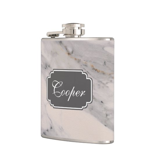 Modernes, schwarz-graues Marmormuster Flachmann (Links)