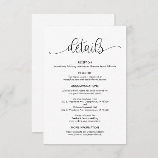 Modernes Schwarz-Hand-Briefdesign, Hochzeitsdetail Begleitkarte (Vorne/Hinten)