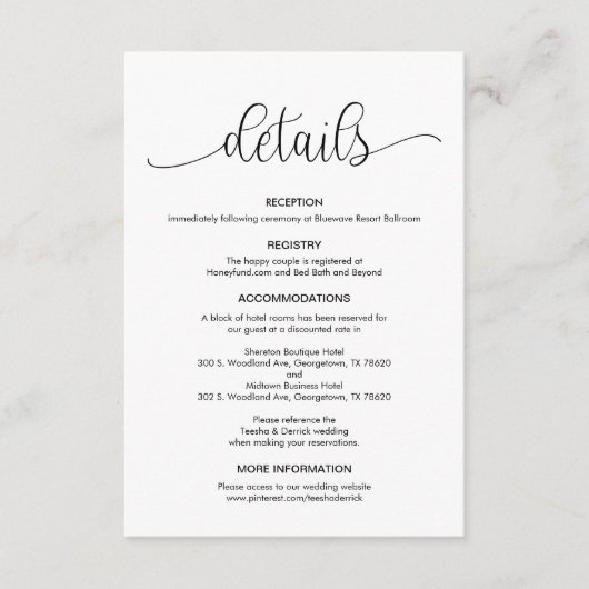 Modernes Schwarz-Hand-Briefdesign, Hochzeitsdetail Begleitkarte (Vorderseite)