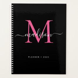 Modernes Schwarz-Heiß-Rosa-Girly-Monogramm-Script  Planer
