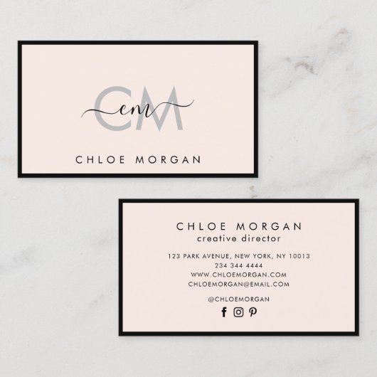 Modernes, schwarz hellrosa Skriptsignatur Monogram Visitenkarte (Vorne/Hinten)