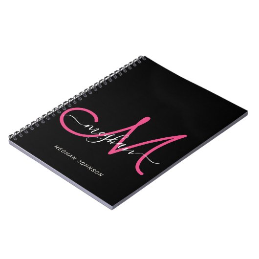 Modernes Schwarz Hot Pink Script Mit Monogramm Notizblock (Linke Seite)