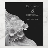 Modernes Schwarz mit Blumen und Weiß Weinetikett (Einzelnes Label)