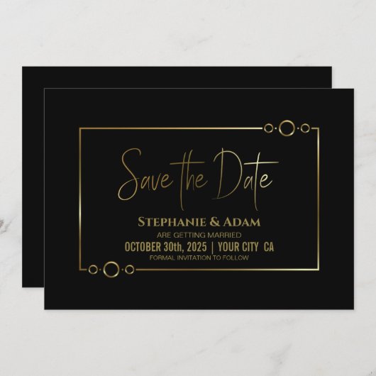 Modernes Schwarz mit Goldrahmen Hochzeit speichern Save The Date (Vorne/Hinten)