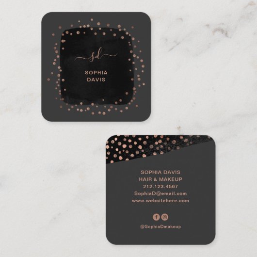 Modernes Schwarz mit Imitaten Rose Gold Punkte Quadratische Visitenkarte (Vorne/Hinten)