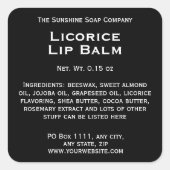 Modernes Schwarz mit weißem Text-Lippenbalsam-Etik Quadratischer Aufkleber (Vorderseite)