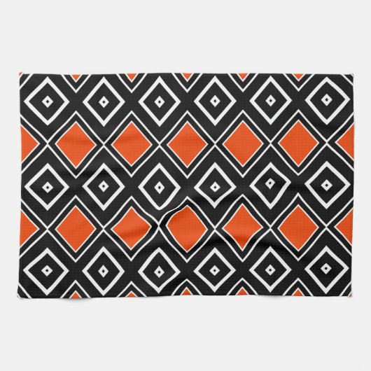 Modernes Schwarz-Orange-Diamant-Muster Geschirrtuch (Horizontal)