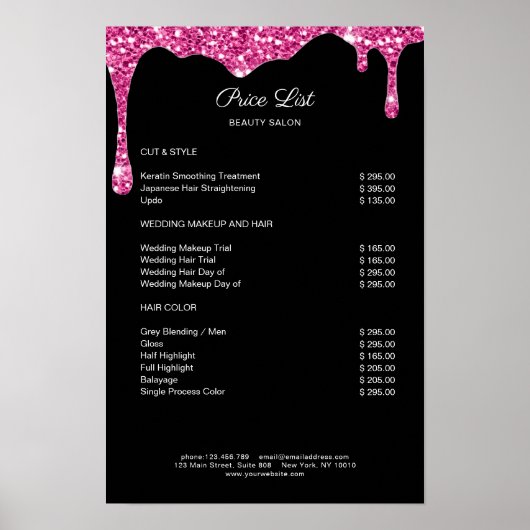 Modernes Schwarz-Pink-Glitzer Preislisten Poster (Vorne)