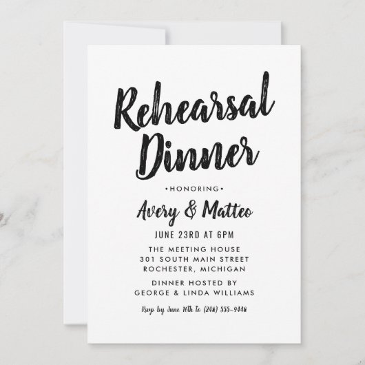 Modernes Schwarz Pinsel Script Probe Dinner Einladung (Vorderseite)