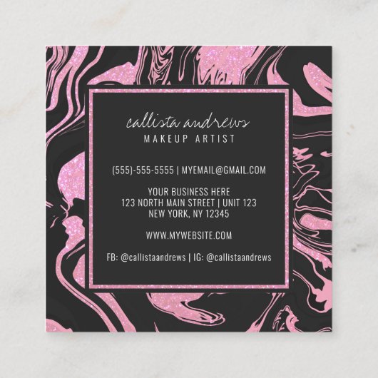 Modernes Schwarz-Rosa-Glitzer-Marmor Quadratische Visitenkarte (Rückseite)