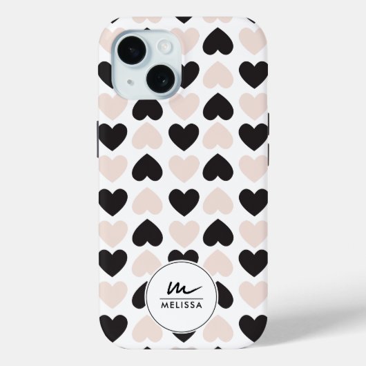 Modernes Schwarz-Rosa-Liebe-Herz-Monogramm Case-Mate iPhone Hülle (Rückseite)