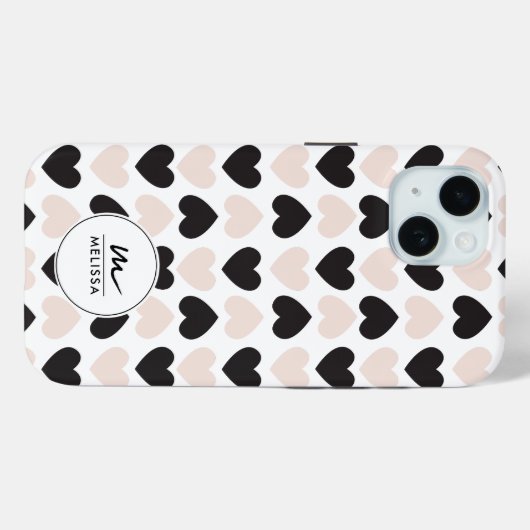 Modernes Schwarz-Rosa-Liebe-Herz-Monogramm Case-Mate iPhone Hülle (Rückseite (Horizontal))