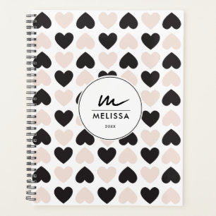 Modernes Schwarz-Rosa-Liebe-Herz-Monogramm Planer