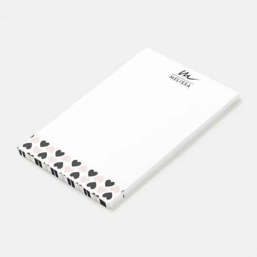 Modernes Schwarz-Rosa-Liebe-Herz-Monogramm Post-it Klebezettel (angewinkelt)