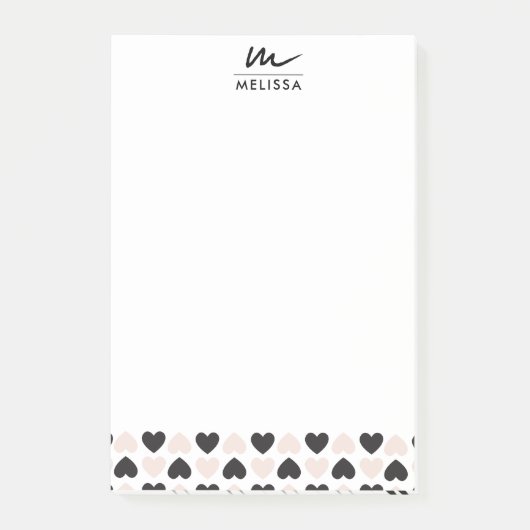 Modernes Schwarz-Rosa-Liebe-Herz-Monogramm Post-it Klebezettel (Vorderseite)