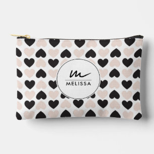 Modernes Schwarz-Rosa-Liebe-Herz-Monogramm Zubehörtasche
