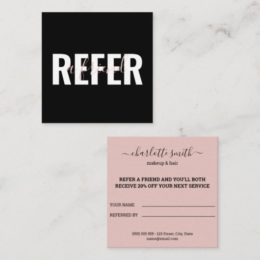 Modernes Schwarz Rosa Weiß Refer a Friend Empfehlungskarte (Vorne/Hinten)