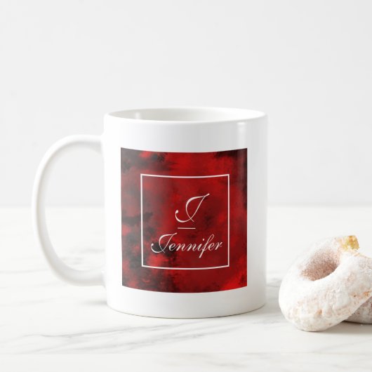 Modernes Schwarz/Rot-Abstraktes Monogramm Kaffeetasse (Mit Donut)