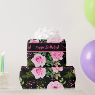 Modernes Schwarz Schönes rosa Rosenmuster Geschenkpapier