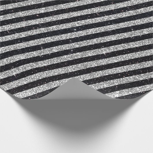 Modernes Schwarz-Silber-Glitzer-Streifenmuster Geschenkpapier (Ecke)