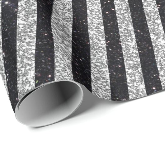 Modernes Schwarz-Silber-Glitzer-Streifenmuster Geschenkpapier (Rolleneckpunkt)