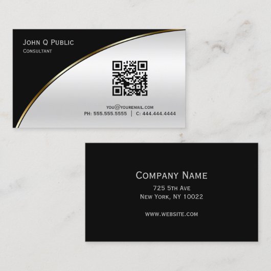 Modernes Schwarz Silver QR Elegantes Beruflich Visitenkarte (Vorne/Hinten)