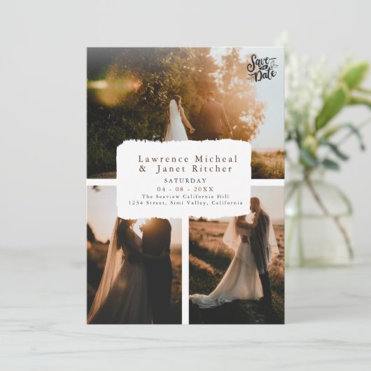 Modernes Schwarz über 3 Foto minimalistisch laden Save The Date (Stehend Vorderseite)