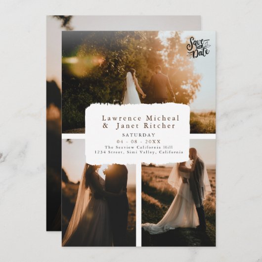 Modernes Schwarz über 3 Foto minimalistisch laden Save The Date (Vorne/Hinten)