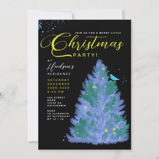 Modernes Schwarz und Blau frohe Weihnachtsbaum Par Einladung (Vorderseite)