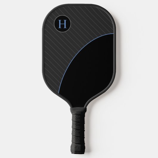 Modernes Schwarz und Blau mit Streifen Monogramm Pickleball Schläger (Rückseite)