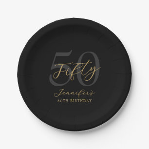 Modernes Schwarz und Gold Elegant 50. Geburtstag Pappteller