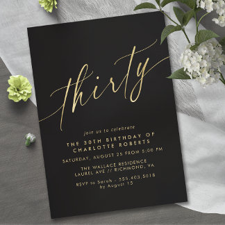 Modernes Schwarz und Gold | Luxe Script 30. Geburt Einladung