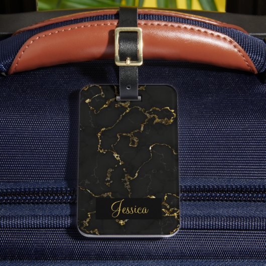 Modernes Schwarz und Gold marmoriert Gepäckanhänger (Vorderseite Insitu 2)