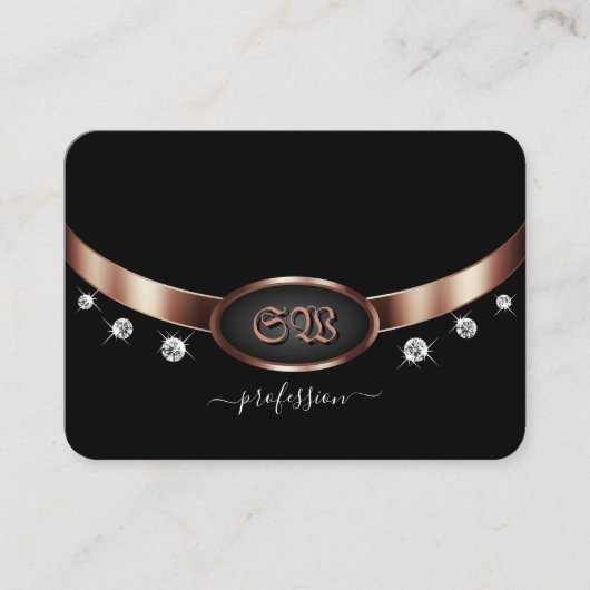 Modernes Schwarz und Rose Gold mit Monogram Juwele Visitenkarte (Vorderseite)