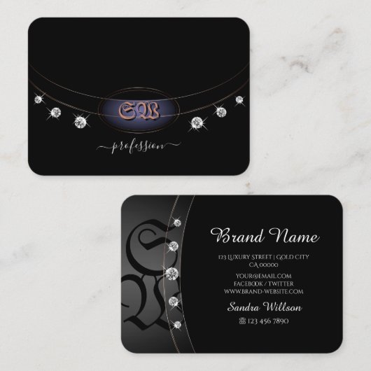 Modernes Schwarz und Rose Gold mit Monogram Juwele Visitenkarte (Vorne/Hinten)