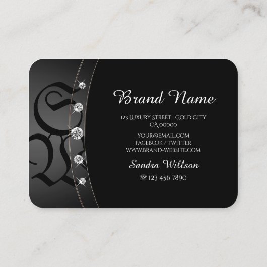 Modernes Schwarz und Rose Gold mit Monogram Juwele Visitenkarte (Rückseite)