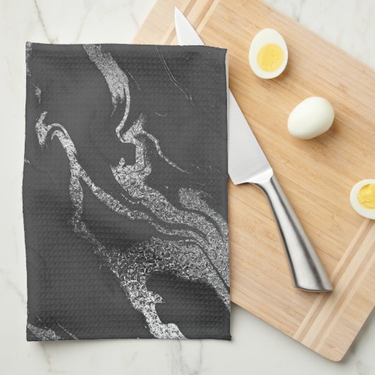 Modernes Schwarz- und Silbermarmormuster Geschirrtuch (Viertel Falte)
