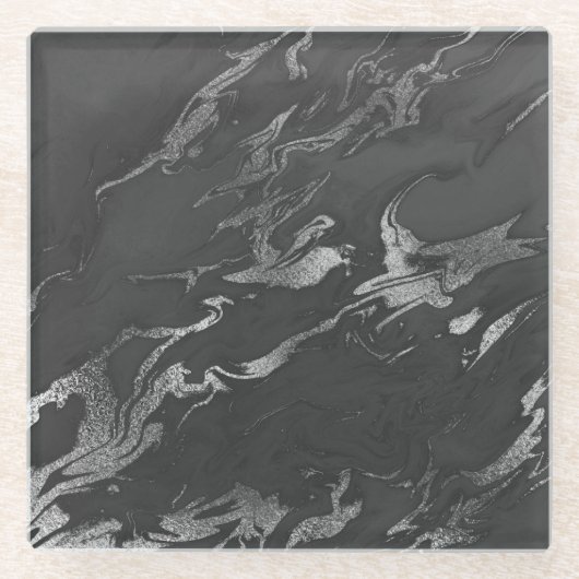 Modernes Schwarz- und Silbermarmormuster Glasuntersetzer (Vorderseite)