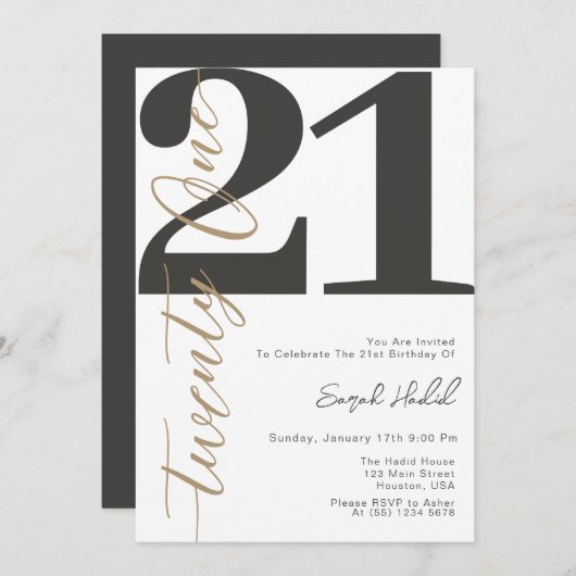 Modernes Schwarz und Weiß 21. Geburtstag Einladung (Vorne/Hinten)