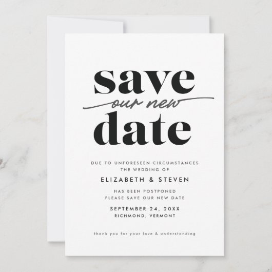 Modernes Schwarz und Weiß ändern die Datumskarte Save The Date (Vorderseite)