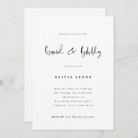 Modernes Schwarz und Weiß | Brunch und Bubbly Einladung (Vorne/Hinten)