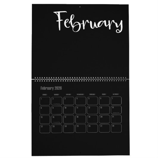 Modernes Schwarz und Weiß gefüllt Kalender (Feb 2026)