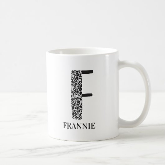 Modernes Schwarz und Weiß, Initial F und Name Kaffeetasse (Rechts)