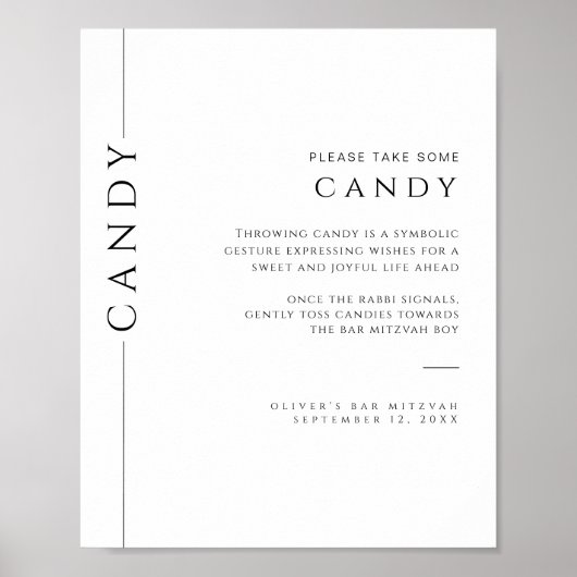 Modernes Schwarz-Weiß-Bar Mitzvah Candy Sign Poster (Vorne)