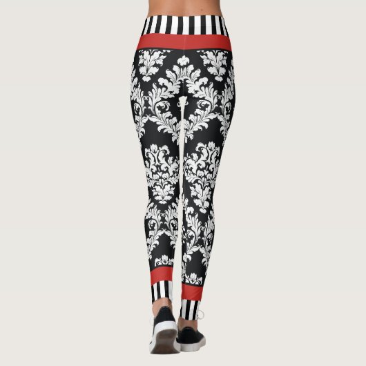 Modernes Schwarz-Weiß-Damast-Muster rot Leggings (Rückseite)