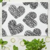 Modernes Schwarz-Weiß-Doodle-Herz-Muster Geschirrtuch (Gefaltet)